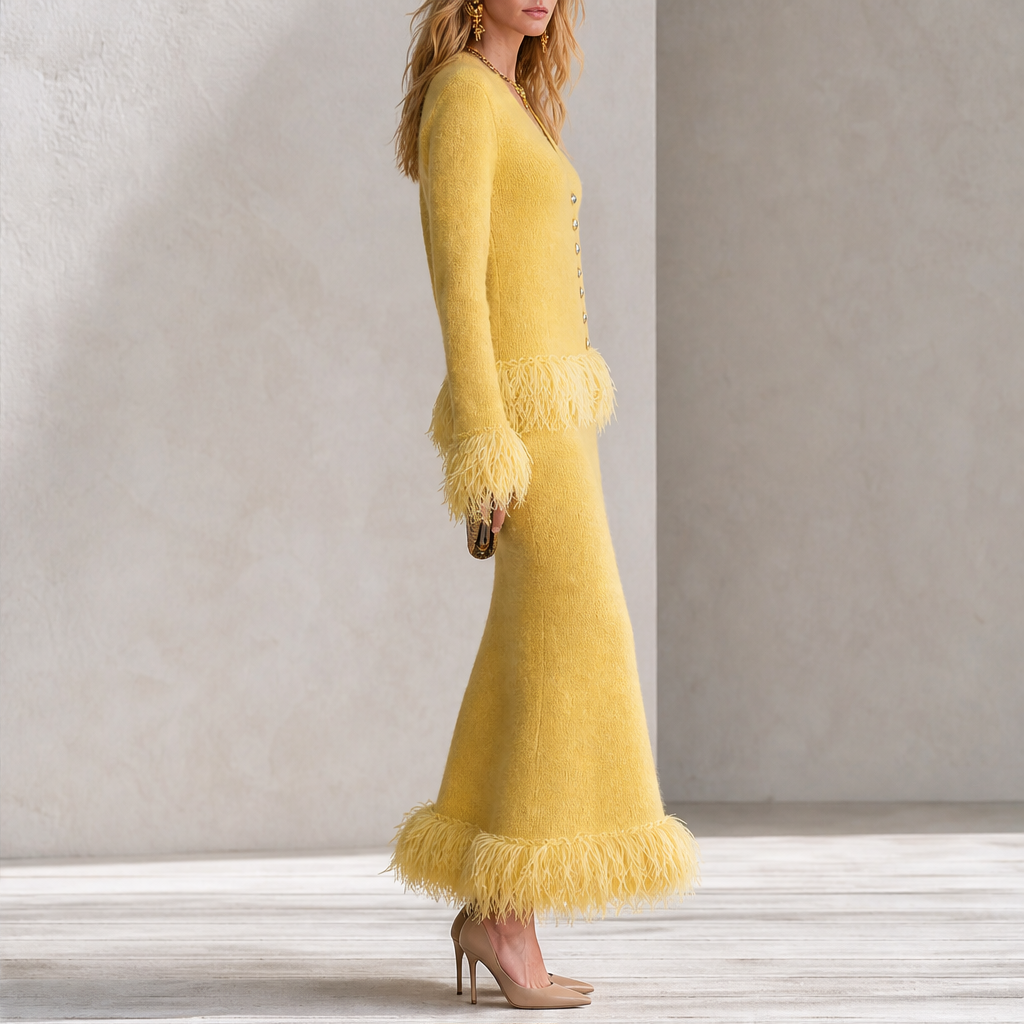 Piumetta – Completo Gonna in Maglia con Frange di Piume lifestyle