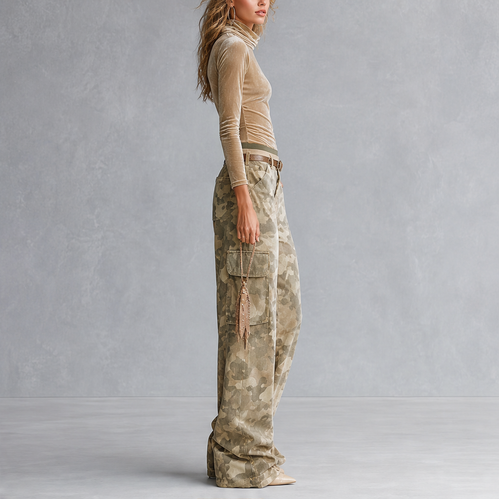 Velmara – Top Vellutato e Pantaloni Cargo Camouflage lifestyle