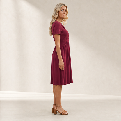 Verona Abito Donna Incrociato con Scollo a V Plissettato Linea ad A con Tasche - Abito Midi a Maniche Corte lifestyle