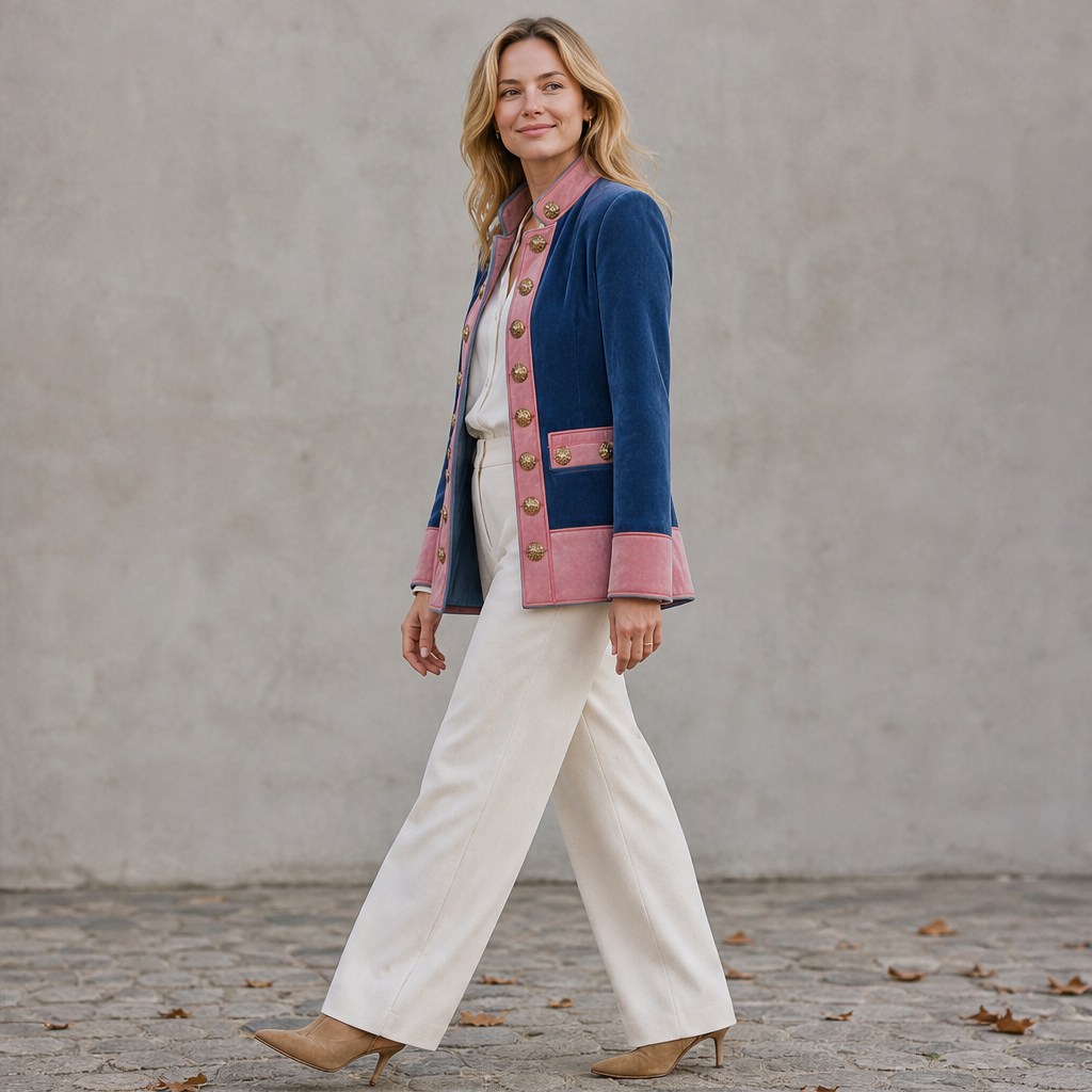 Varonne – Giacca Militare in Suede con Bordo Rosa lifestyle