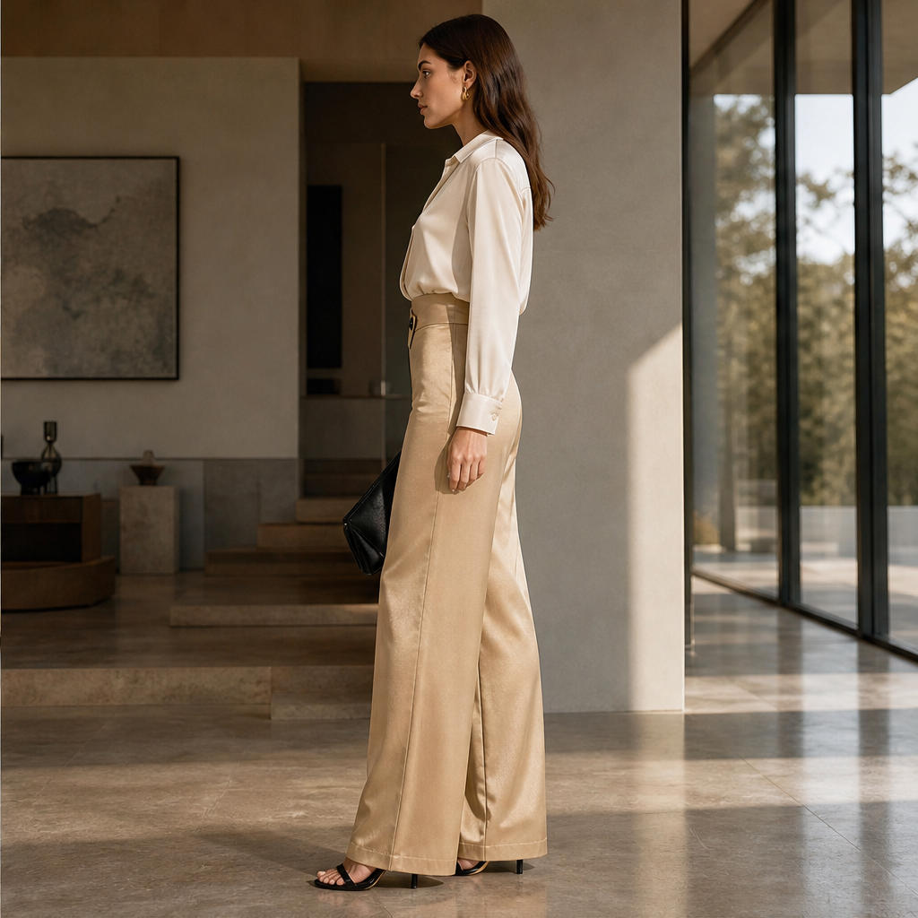 Velonia – Pantaloni in Raso Vita Asimmetrica Gamba Larga lifestyle