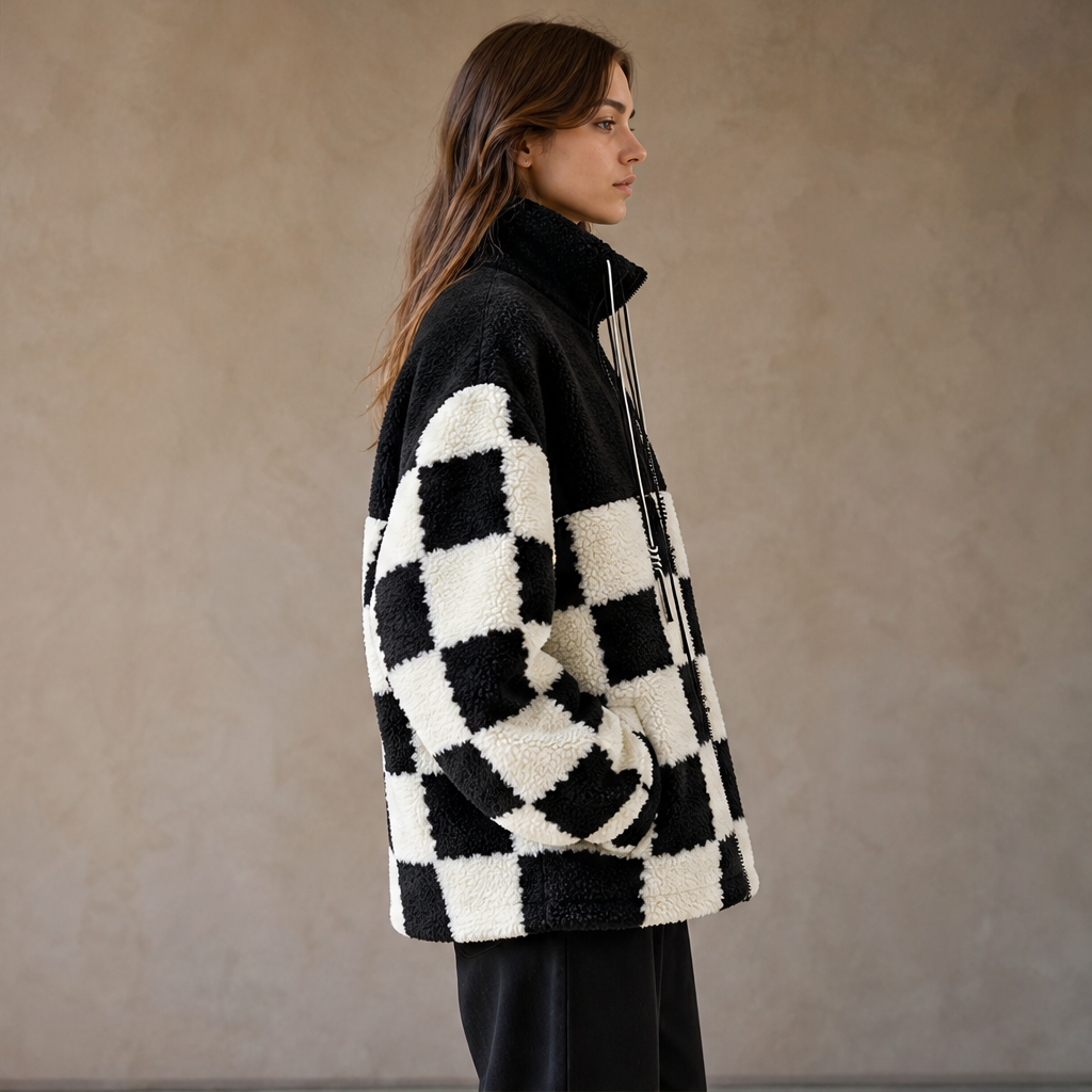 Melany – Giacca in Pile a Quadri con Cappuccio lifestyle
