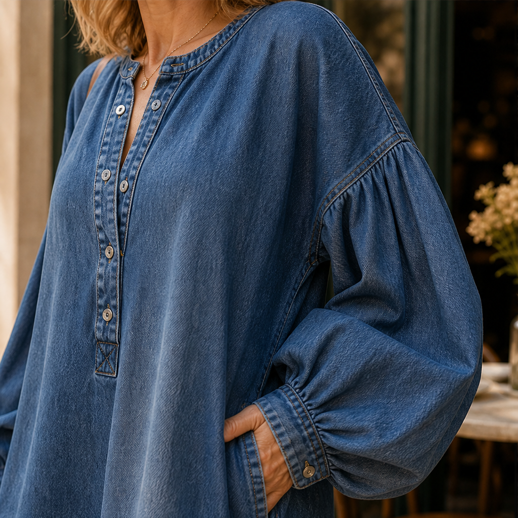 Verana – Abito Denim Spalle Scoperte Maniche a Palloncino lifestyle