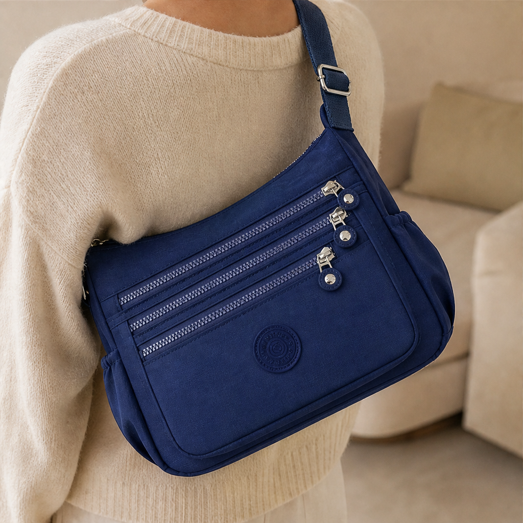 Borsa a Tracolla in Nylon Blu Navy | Borsa da Donna Leggera con Tasche Multiple – Idrorepellente
