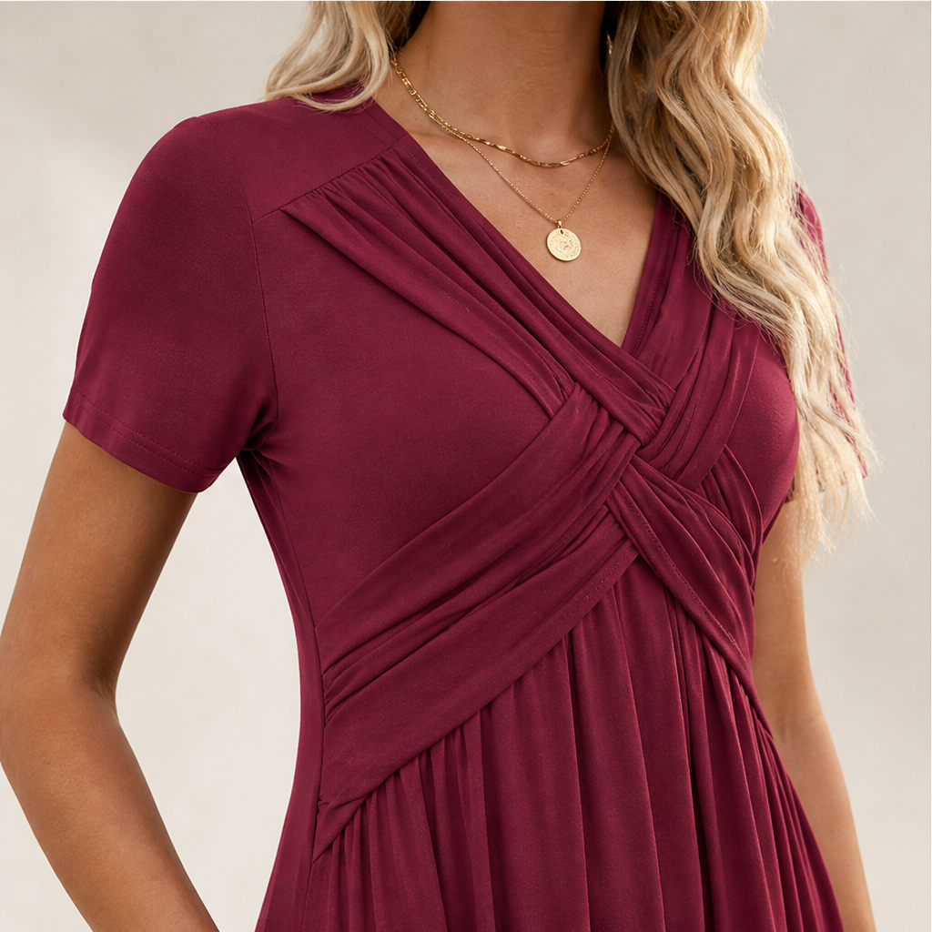 Verona Abito Donna Incrociato con Scollo a V Plissettato Linea ad A con Tasche - Abito Midi a Maniche Corte lifestyle