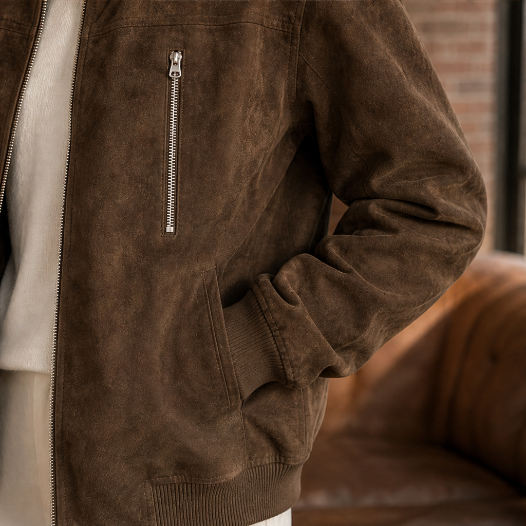 Velmara – Giacca Bomber Scamosciata Collo Coreano lifestyle