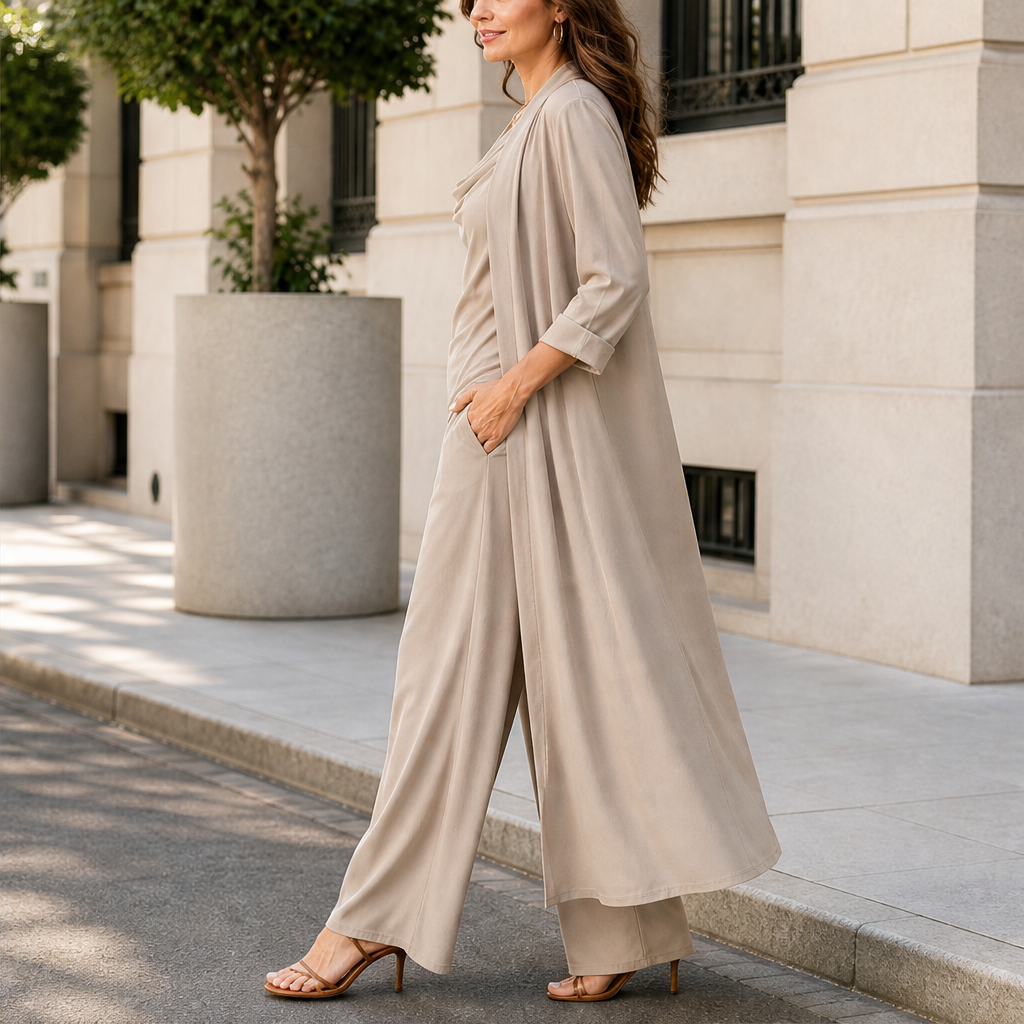Velmora – Completo 3 Pezzi Top, Pantaloni e Cardigan Lungo lifestyle