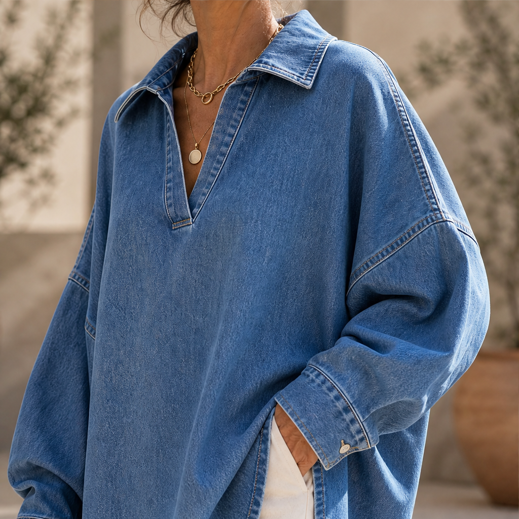 Vellira – Blusa Oversize in Denim Lavato con Scollo a V lifestyle