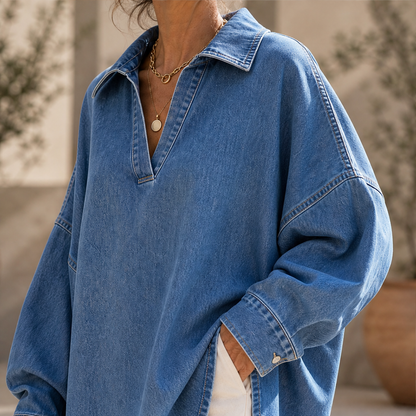 Vellira – Blusa Oversize in Denim Lavato con Scollo a V lifestyle