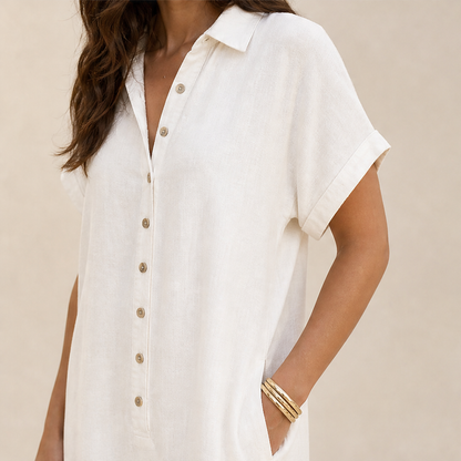 Marielle Tuta Donna Casual a Gamba Larga con Bottoni Effetto Lino - Tuta Ampia con Colletto e Maniche Corte lifestyle