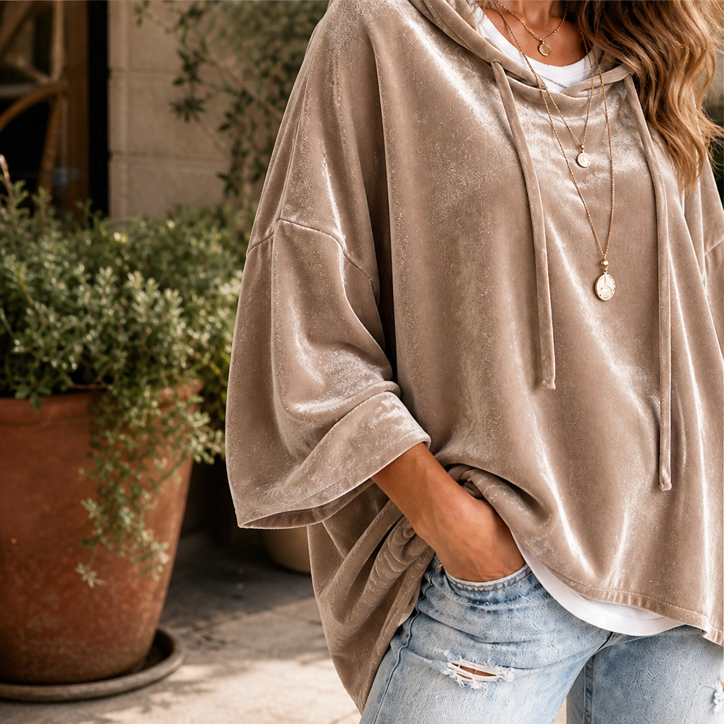 Velvora – Felpa con Cappuccio Spalle Scese in Velluto lifestyle