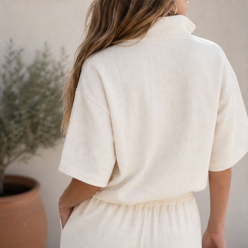 Completo Due Pezzi Color Crema con Top a Collo con Cerniera e Pantaloni | Set Casual da Donna con Pantaloni a Gamba Larga e Coulisse