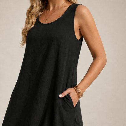 Marielle Abito Midi Donna Senza Maniche con Orlo a Volant e Doppie Tasche Frontali - Abito Estivo Casual in Misto Cotone lifestyle