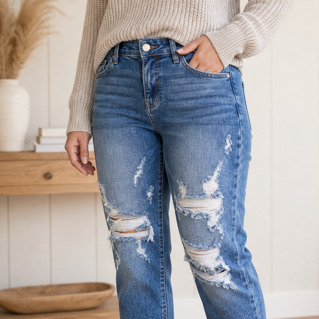 Venalu – Jeans Boyfriend Effetto Strappato con Polsino lifestyle