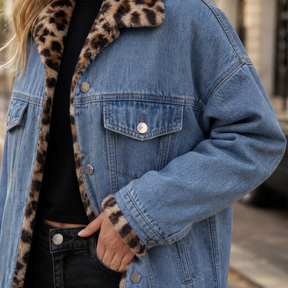 Velmora – Giacca di Jeans Reversibile con Interno Leopardo lifestyle