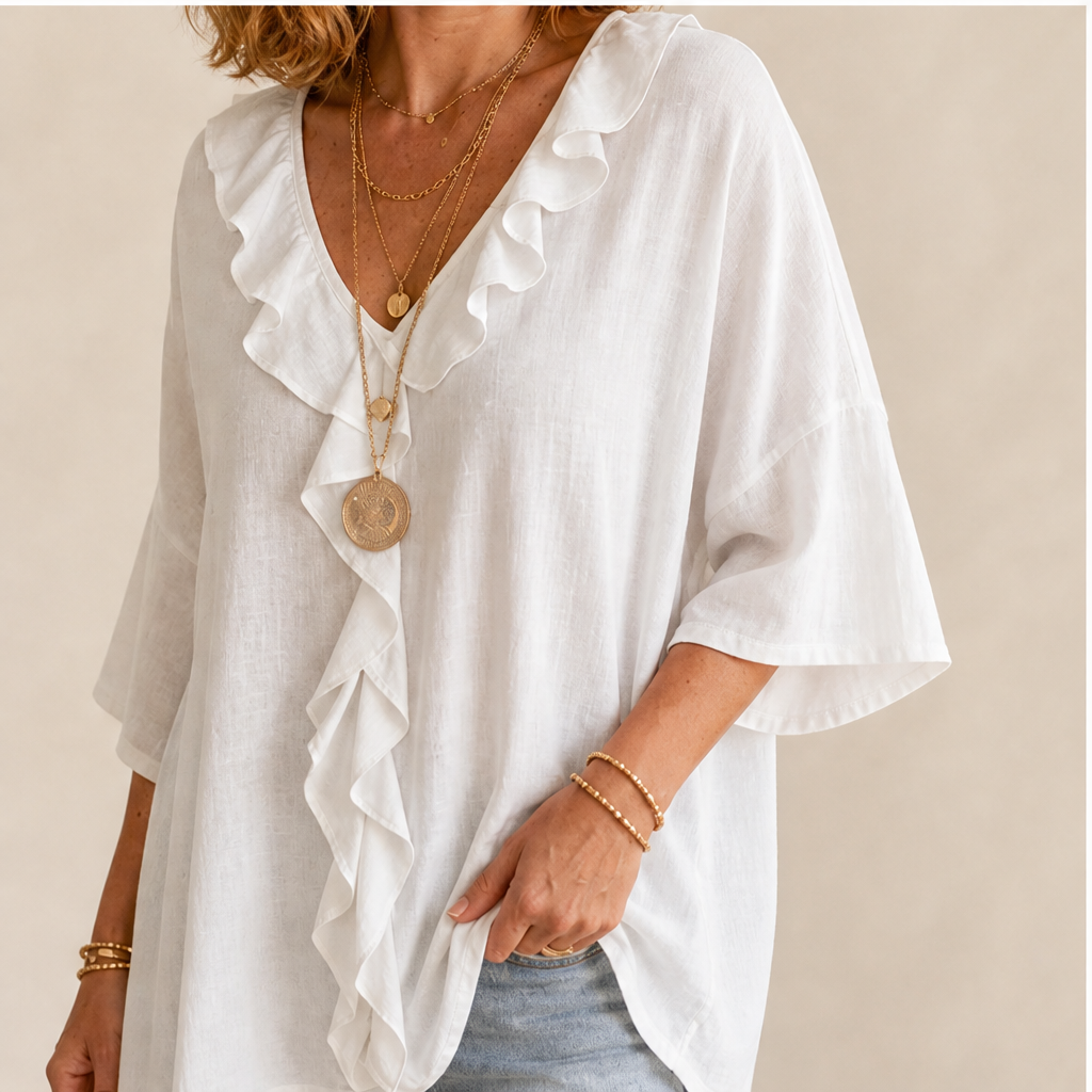 Blusa Bianca con Scollo a V e Volant | Elegante Top Effetto Lino da Donna con Maniche Svasate