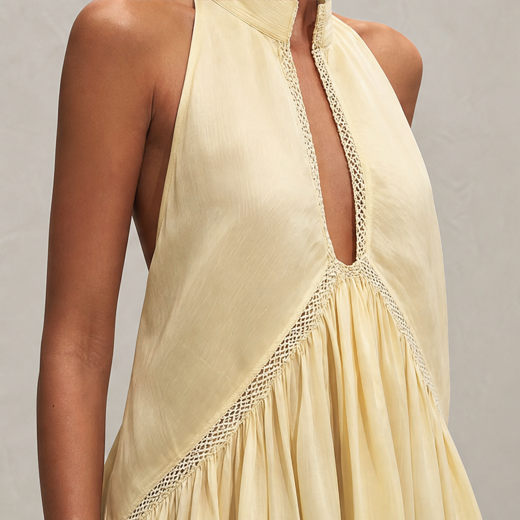 Marigold Miniabito Donna Senza Maniche con Scollo a V Profondo e Bordo in Pizzo - Abito Estivo Fluido con Collo all'Americana lifestyle