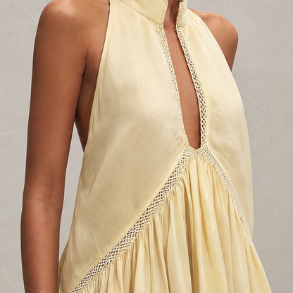 Marigold Miniabito Donna Senza Maniche con Scollo a V Profondo e Bordo in Pizzo - Abito Estivo Fluido con Collo all'Americana lifestyle