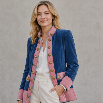 Varonne – Giacca Militare in Suede con Bordo Rosa lifestyle