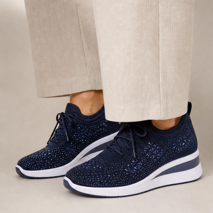 Sneakers Blu Navy in Mesh con Strass | Scarpe con Zeppa e Dettagli Brillanti – Traspiranti con Lacci