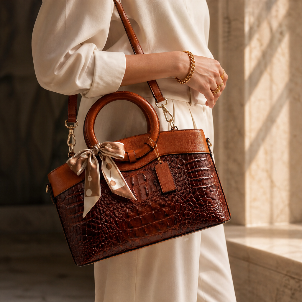 Ladrienne – Borsa in Pelle Effetto Coccodrillo con Manico ad Anello lifestyle