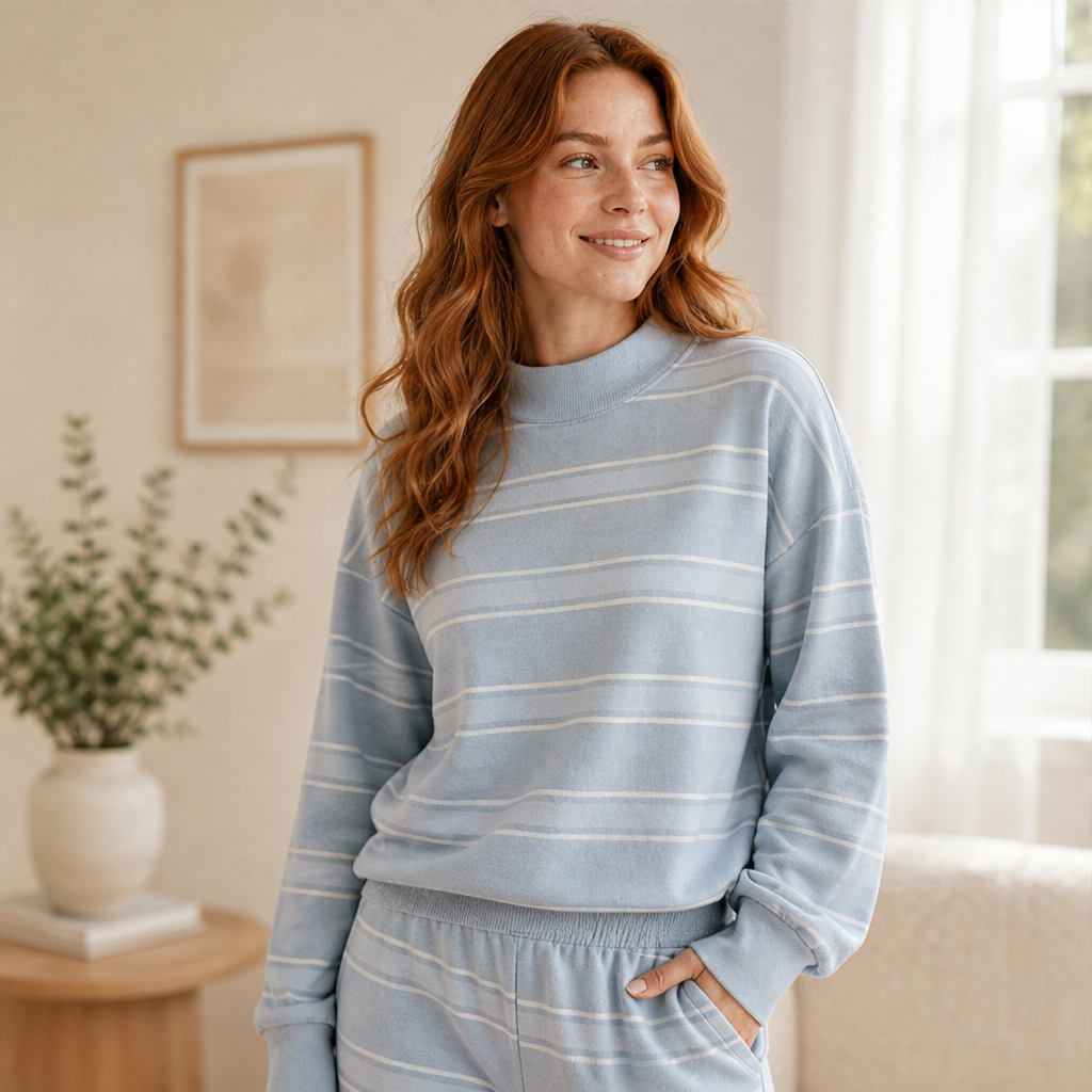 Marielou – Completo a Righe Collo Alto e Pantaloni Larghi lifestyle