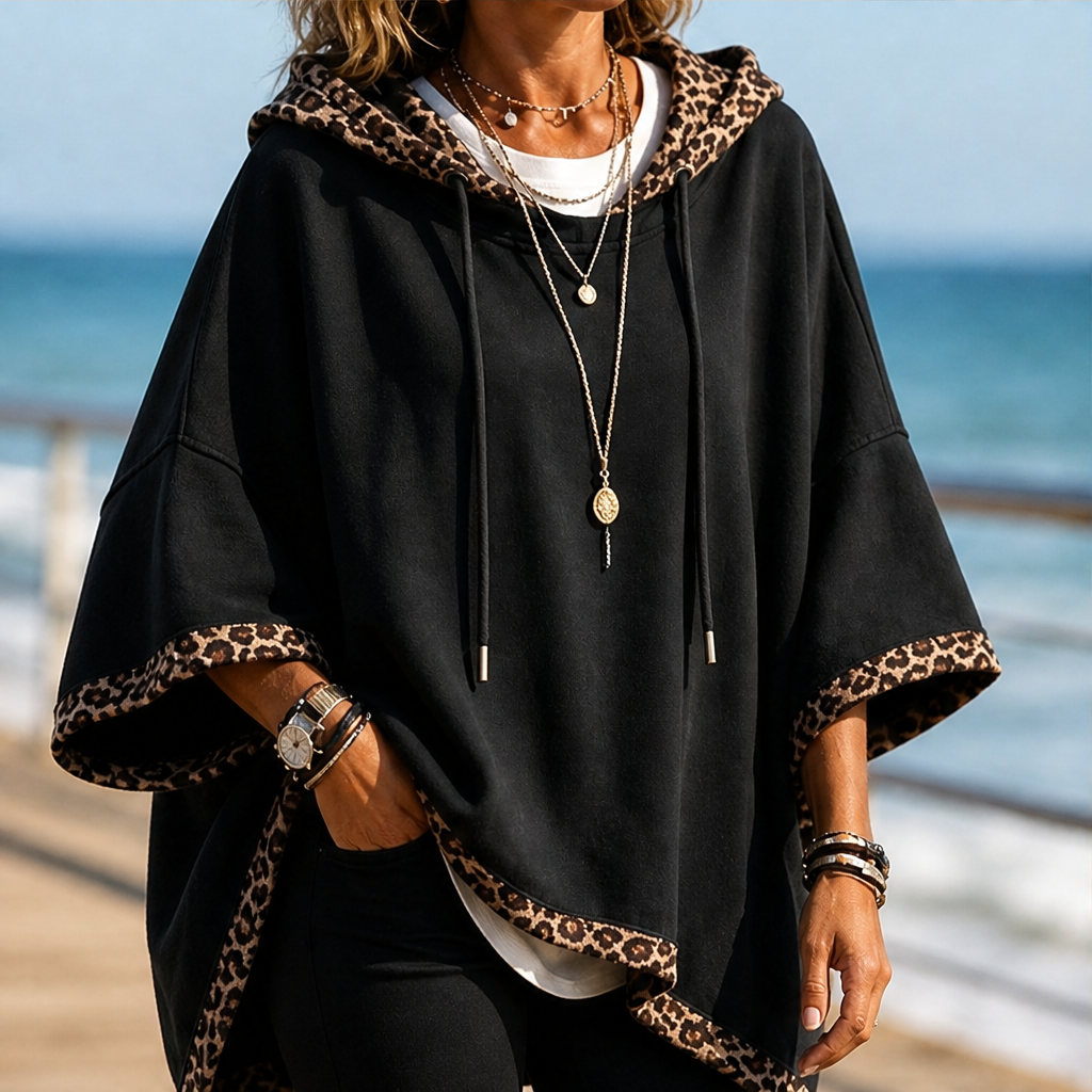 Velmora – Felpa Poncho con Bordo Leopardato lifestyle