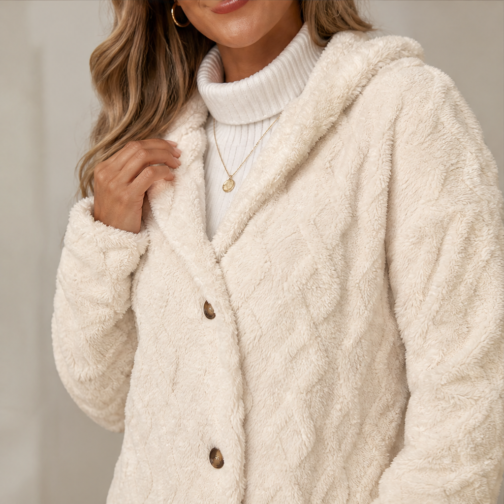 Velania – Giacca Peluche con Cappuccio Motivo a Rombi lifestyle