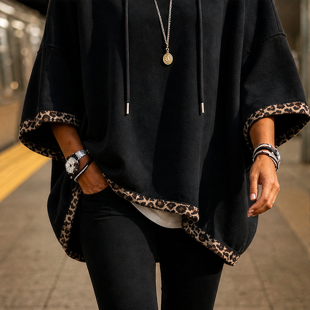 Felinora – Felpa con Cappuccio Bordo Leopardato lifestyle