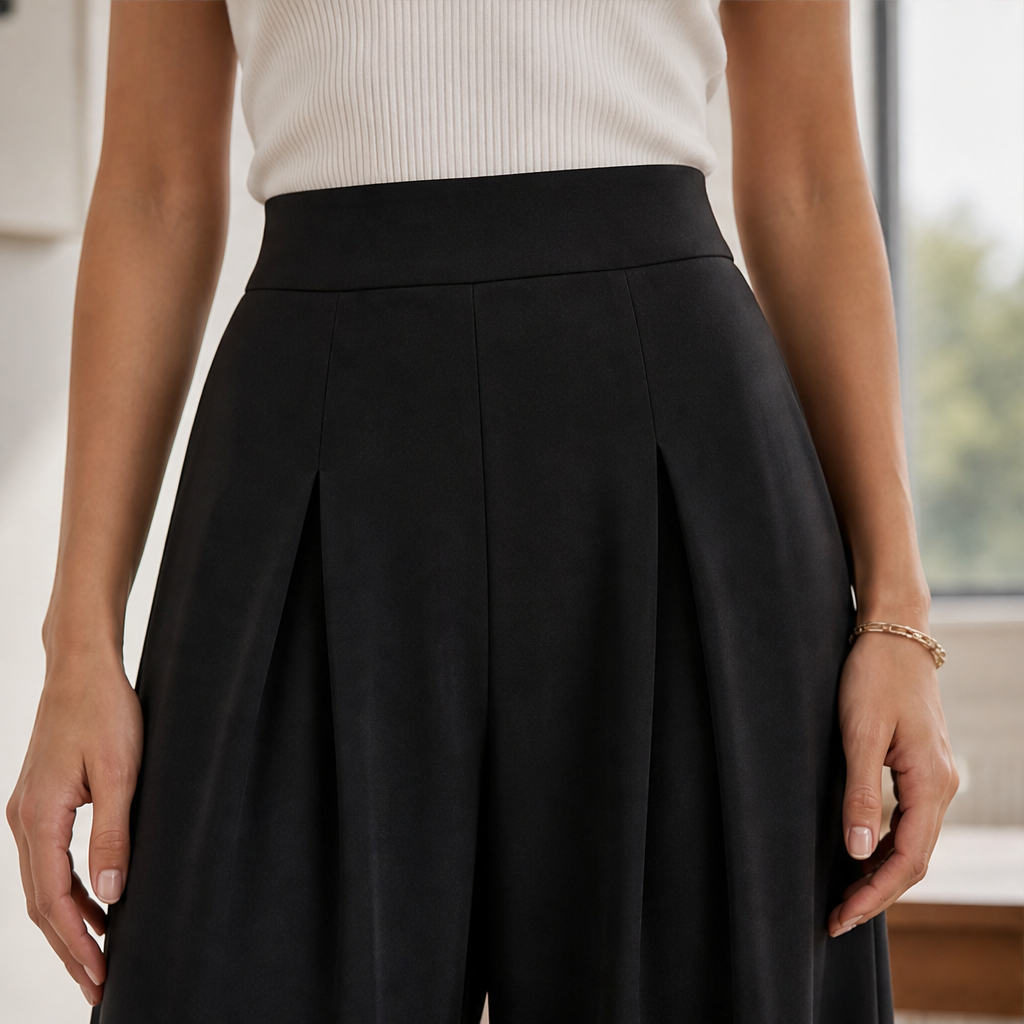 Velarosa – Pantaloni a Vita Alta Gamba Larga Plissettati lifestyle