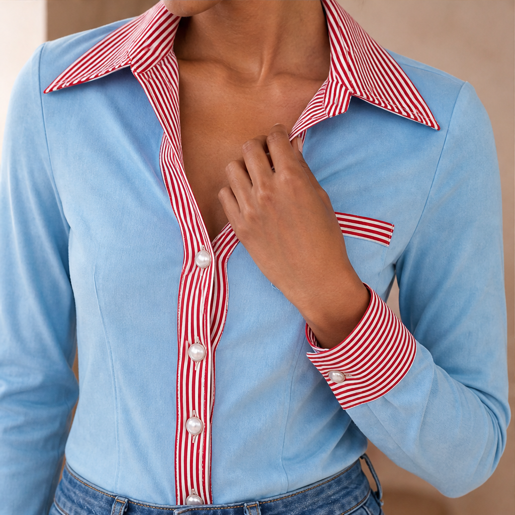 Velmira – Camicia Scamosciata Collo a V Bottoni Perla lifestyle