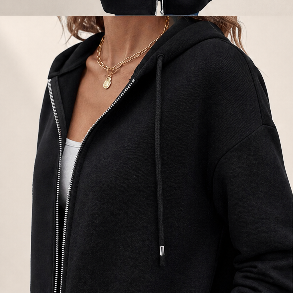 Felpa Lunga Nera con Cappuccio e Cerniera | Felpa da Donna Foderata in Pile con Tasche