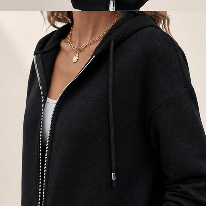 Felpa Lunga Nera con Cappuccio e Cerniera | Felpa da Donna Foderata in Pile con Tasche