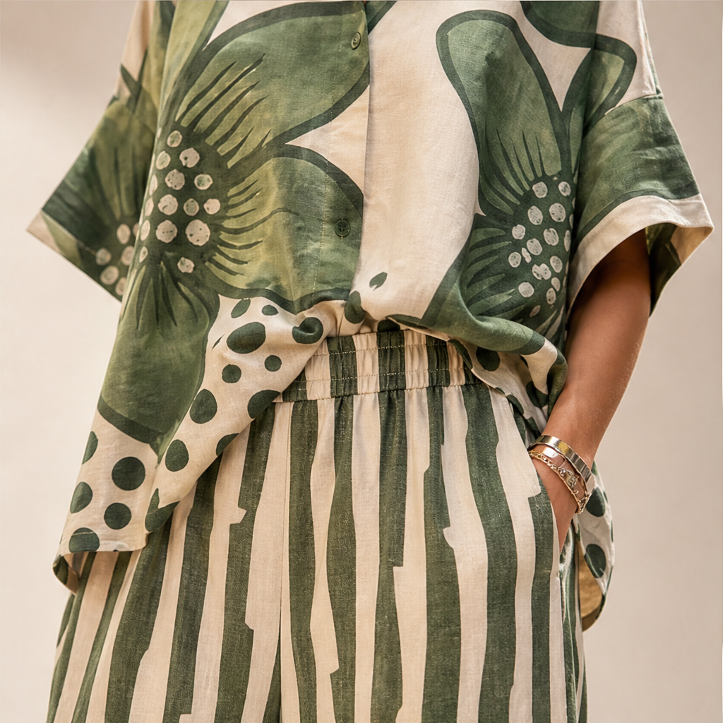 Completo Due Pezzi con Stampa Floreale Verde | Top a Maniche Corte e Pantaloni a Gamba Larga da Donna – Vestibilità Morbida