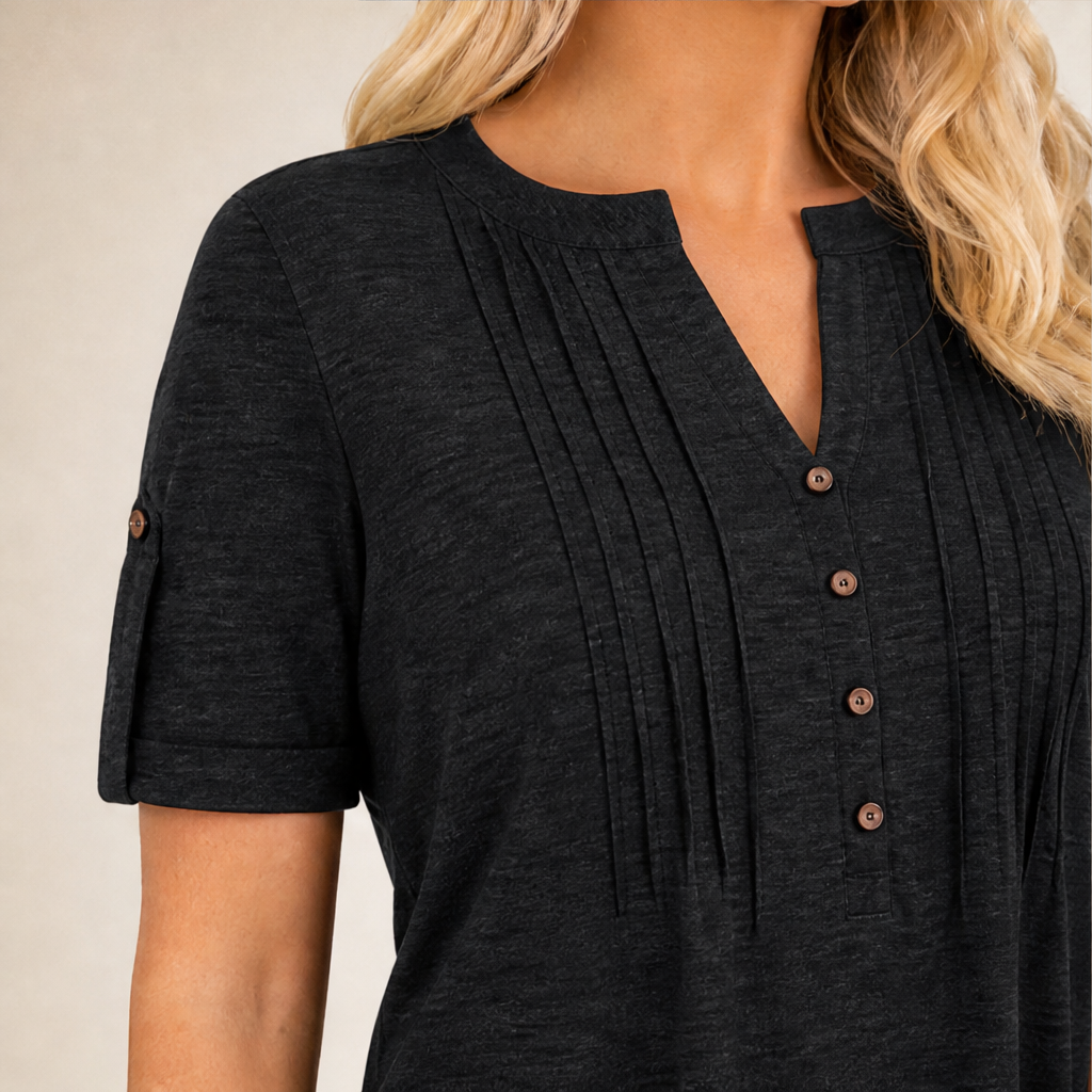 Venalira – Blusa Scollo V Plissettata con Bottoni lifestyle