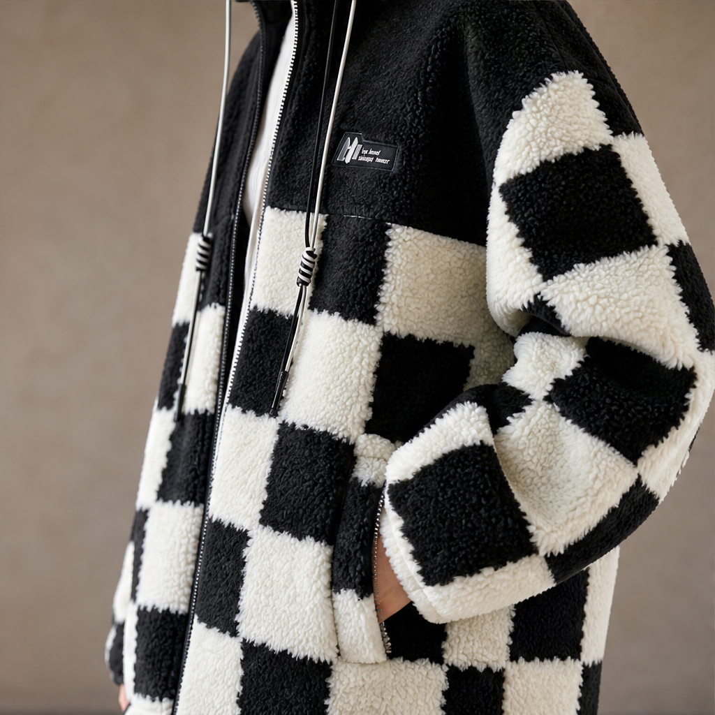 Melany – Giacca in Pile a Quadri con Cappuccio lifestyle