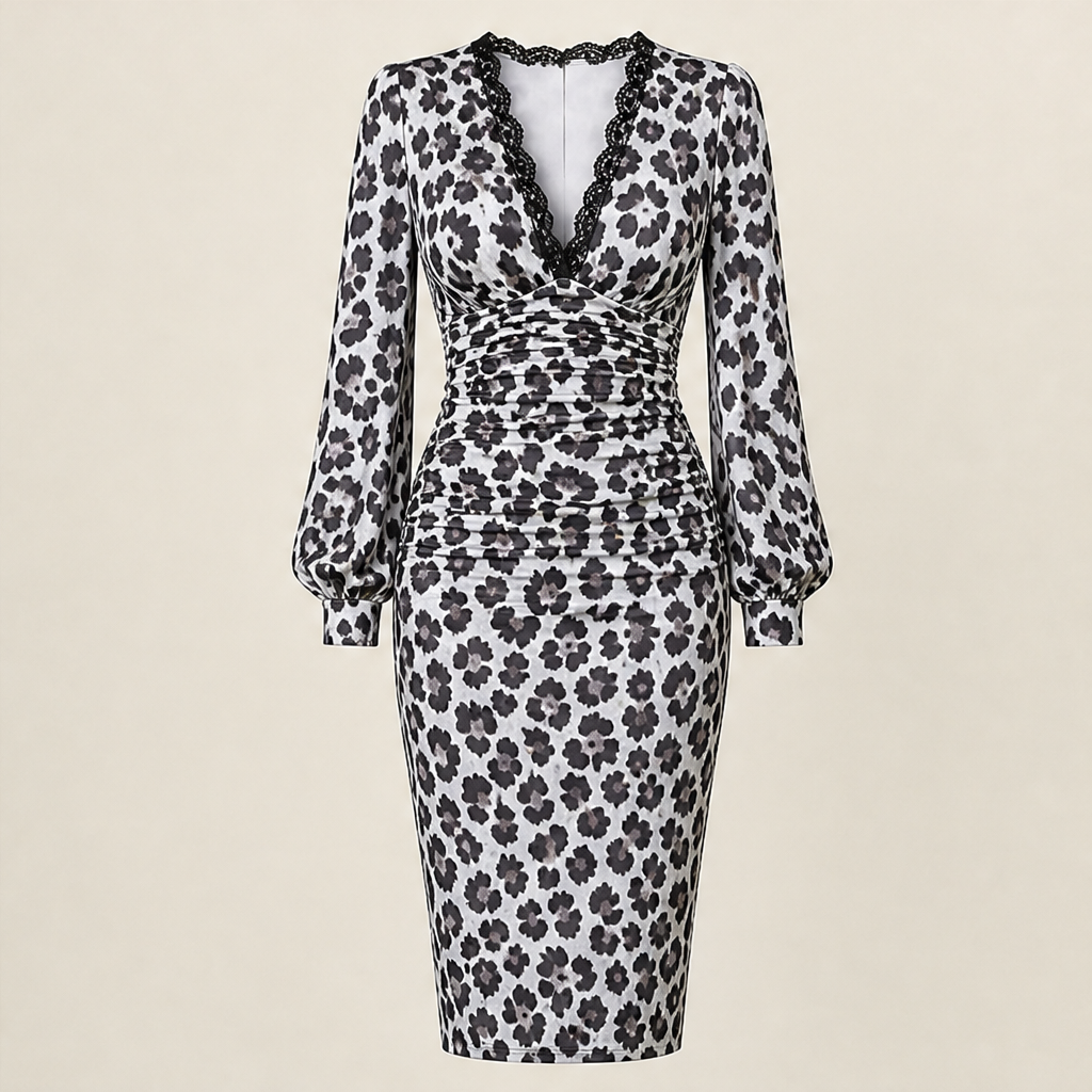 Velmara – Abito Midi Leopardato in Pizzo con Scollo a V Grey Leopard