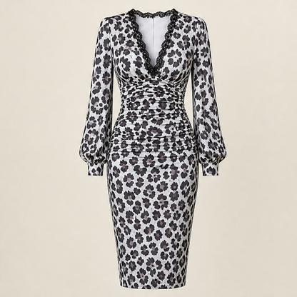 Velmara – Abito Midi Leopardato in Pizzo con Scollo a V Grey Leopard