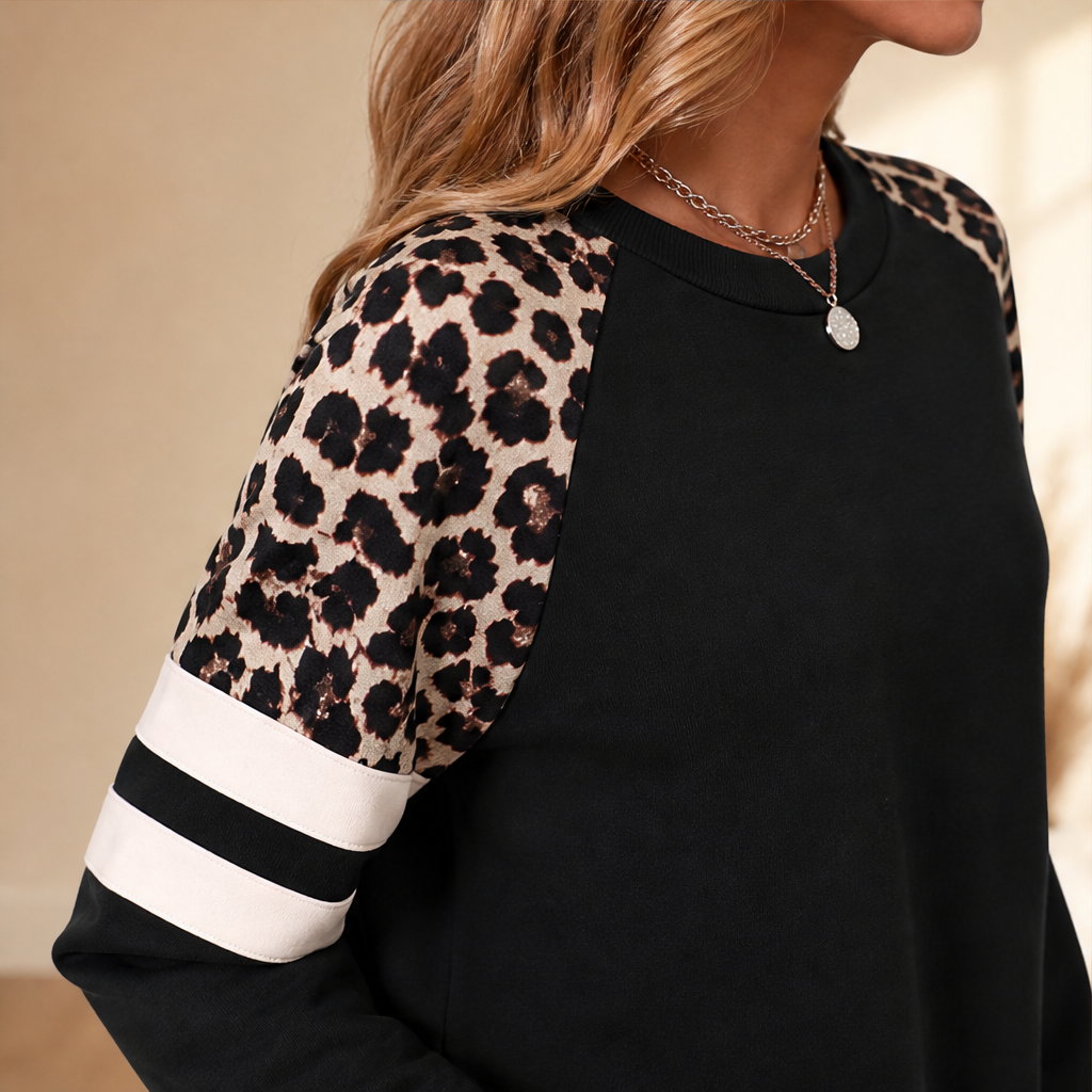 Velmara – Felpa Color Block con Maniche Leopardate lifestyle