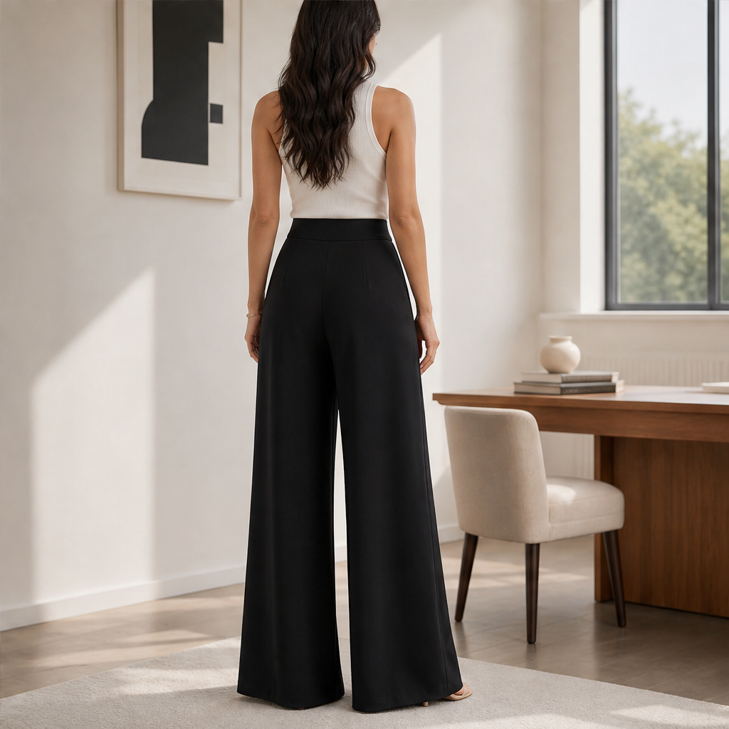 Velarosa – Pantaloni a Vita Alta Gamba Larga Plissettati lifestyle