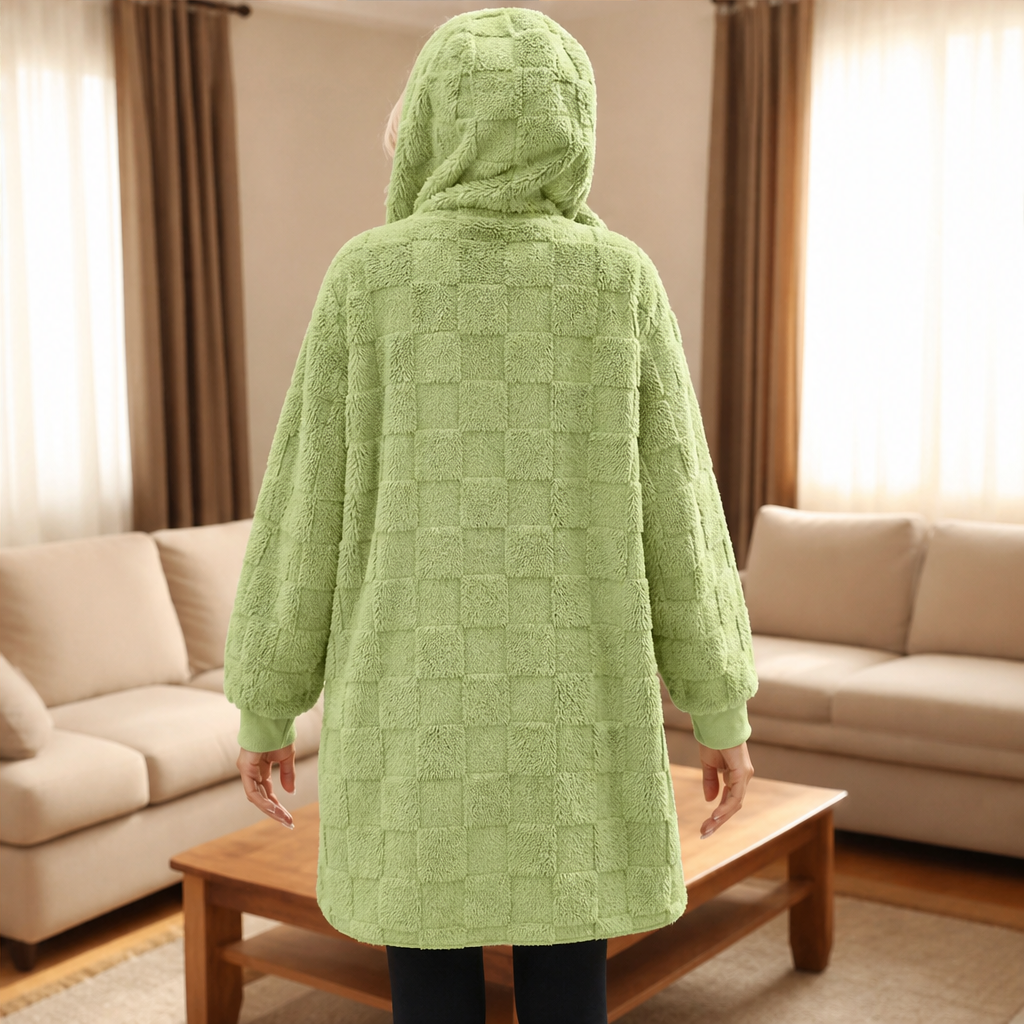Morvenza – Cardigan Peloso a Quadri con Cappuccio lifestyle