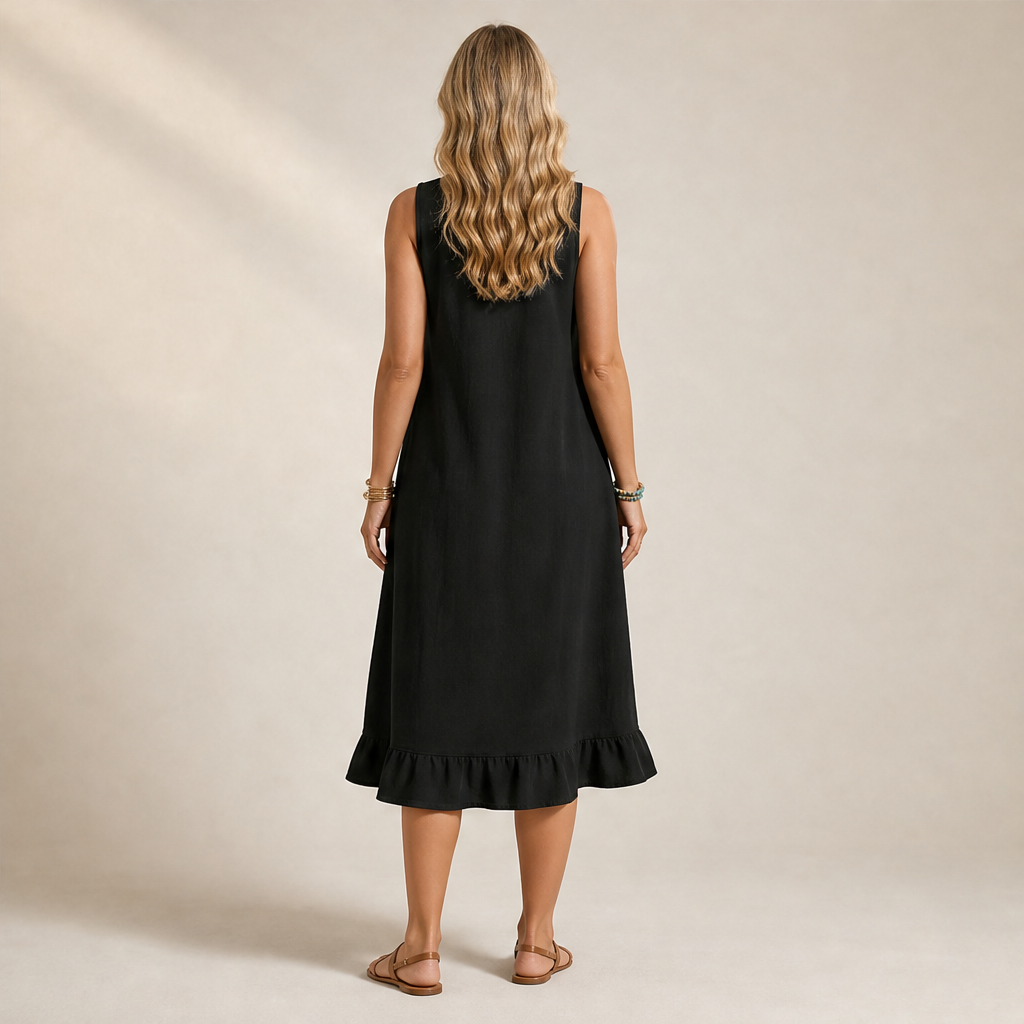 Marielle Abito Midi Donna Senza Maniche con Orlo a Volant e Doppie Tasche Frontali - Abito Estivo Casual in Misto Cotone lifestyle