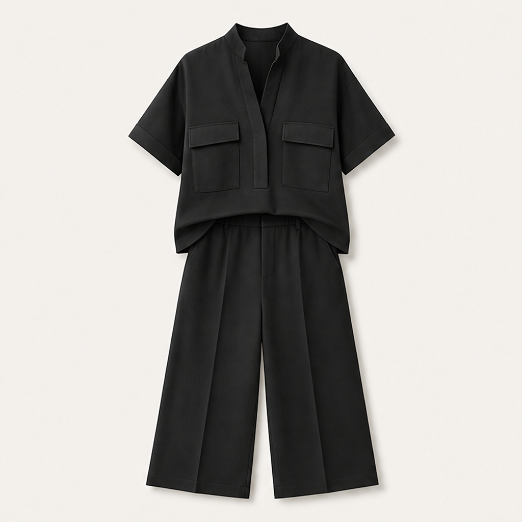 Aveline Women's Tailored Two-Piece Co-ord Set - Wide-Leg Trousers & Short-Sleeve Top Loose Fit Solid Colour Suit Black