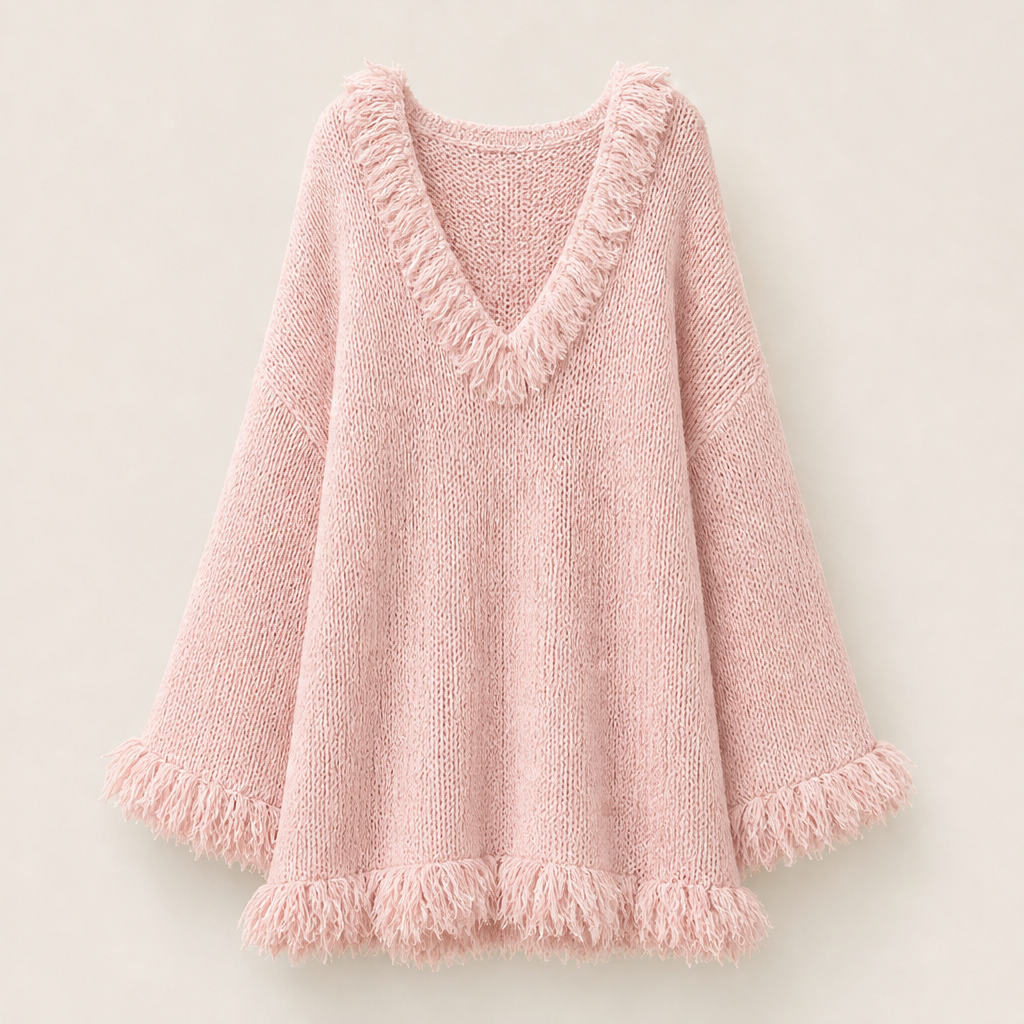 Venzali – Vestito Corto in Maglia con Frange Pink