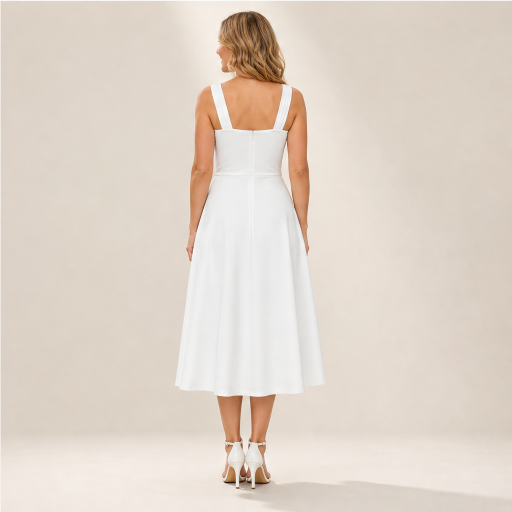 Abito Midi Bianco con Vita Incrociata | Abito da Donna A-Line Fit & Flare con Scollo a Cuore e Tasche