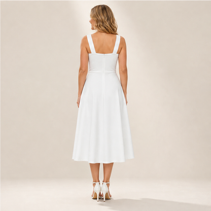Abito Midi Bianco con Vita Incrociata | Abito da Donna A-Line Fit & Flare con Scollo a Cuore e Tasche