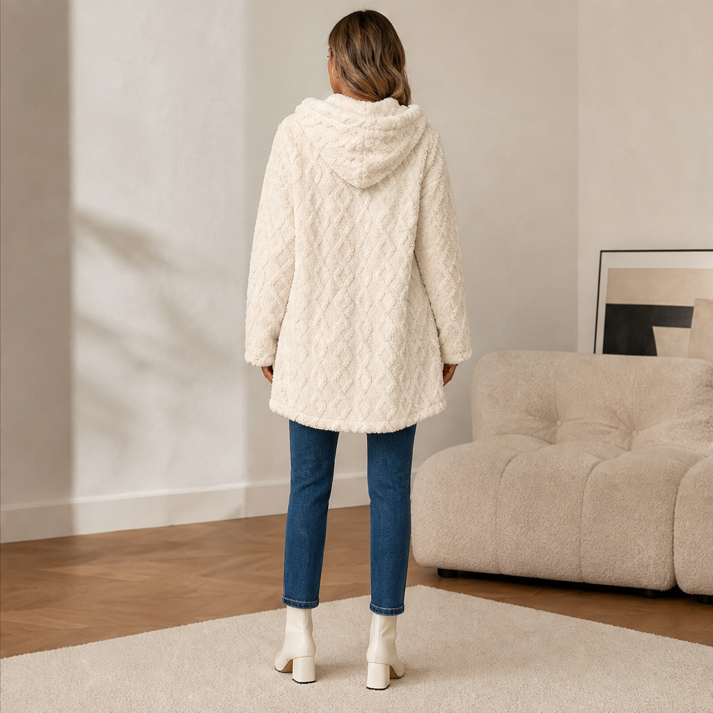 Velania – Giacca Peluche con Cappuccio Motivo a Rombi lifestyle