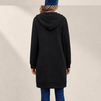 Felpa Lunga Nera con Cappuccio e Cerniera | Felpa da Donna Foderata in Pile con Tasche