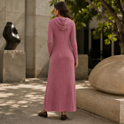Velorena – Abito Maxi in Maglia a Coste con Cappuccio lifestyle