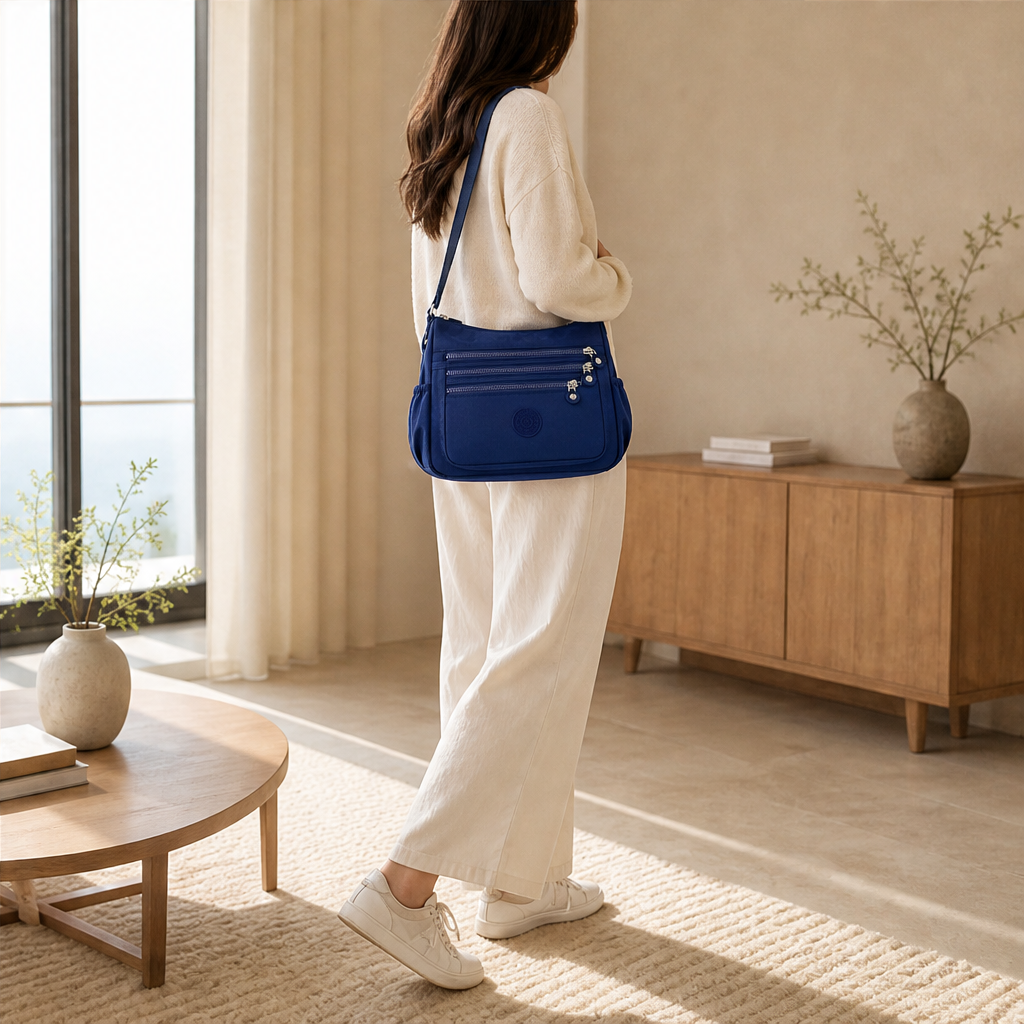 Borsa a Tracolla in Nylon Blu Navy | Borsa da Donna Leggera con Tasche Multiple – Idrorepellente